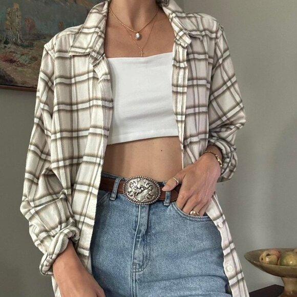 Lands End cream and green and brown plaid flannel button up shirt - Picture 1 of 6